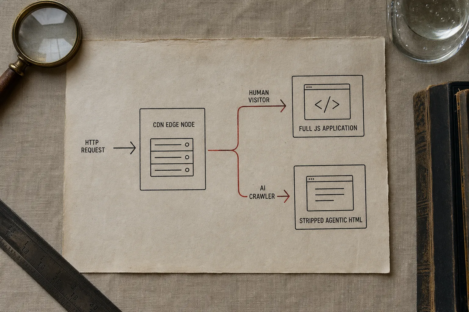 Diagram showing edge interception of AI crawler traffic, routing bots to a pre-rendered agentic page while human visitors receive the standard JavaScript application.