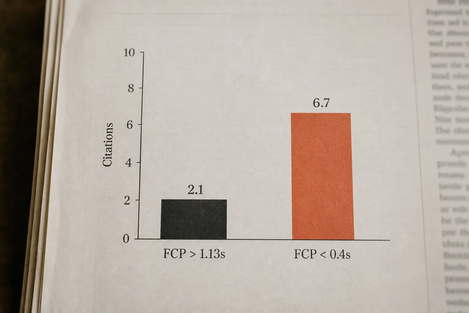 Bar chart comparing average ChatGPT citation counts for pages with fast versus slow first contentful paint: 6.7 citations for FCP under 0.4 seconds versus 2.1 for FCP over 1.13 seconds.