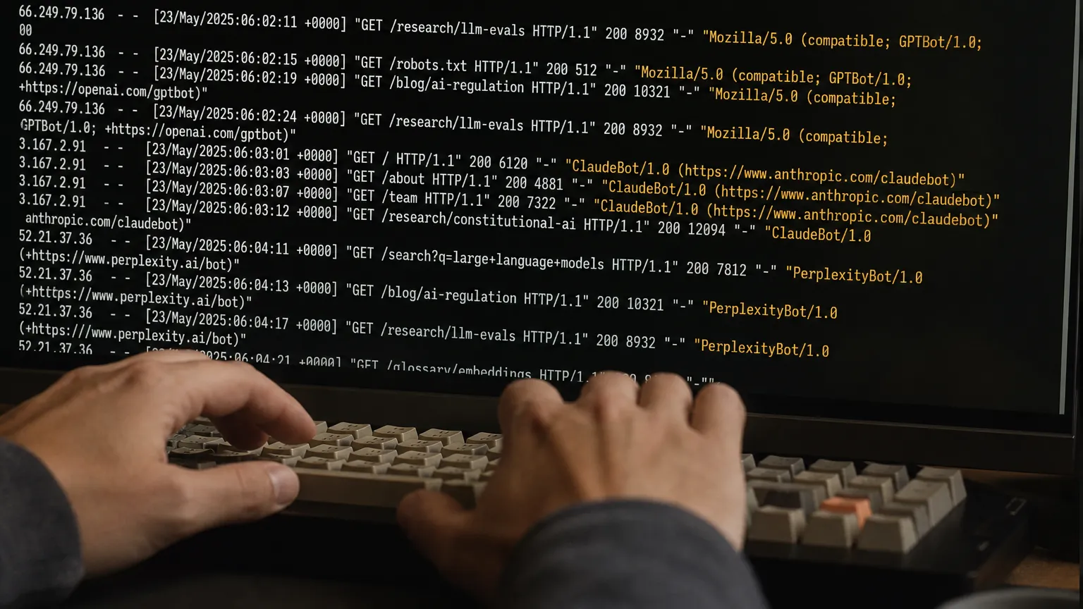 Server access logs showing AI crawler requests from GPTBot, ClaudeBot, and PerplexityBot highlighted on a dark terminal screen.