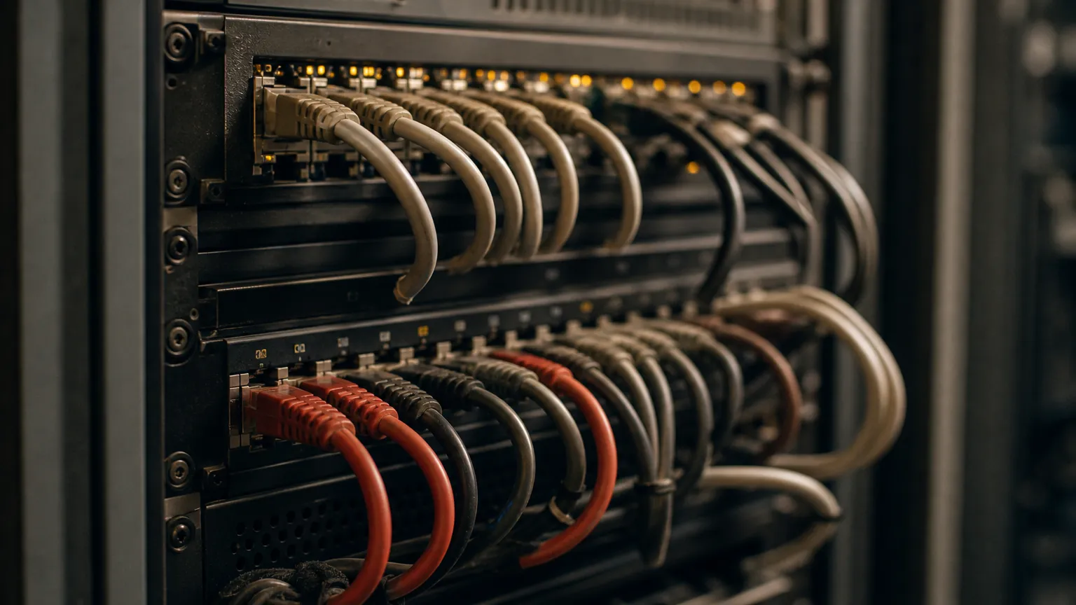 Close-up of a network patch panel in a data centre, multiple cables connected to numbered ports, warm tungsten light.