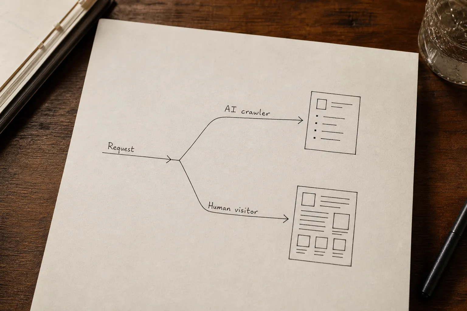 Diagram showing a single HTTP request branching at an edge node into two paths: one serving a stripped HTML document to an AI crawler, one serving a full page to a human visitor.