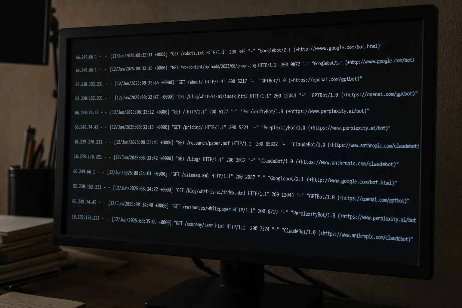Dark monitor showing a server access log with AI crawler user-agent strings including GPTBot and PerplexityBot visible in the log lines.