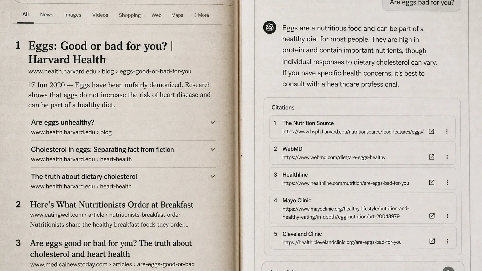 Side-by-side comparison of a Google search ranking first result and an AI chatbot citation list showing different sources