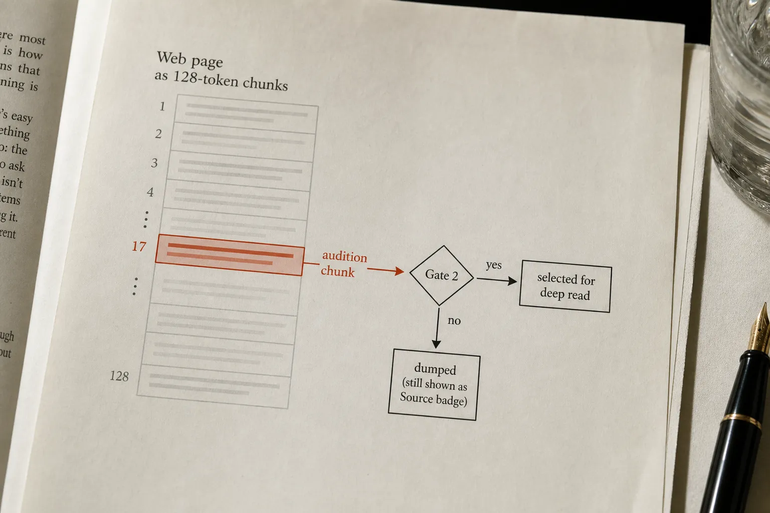 Infographic showing a page broken into 128-token chunks with one highlighted audition chunk feeding into Gate 2's selection decision.
