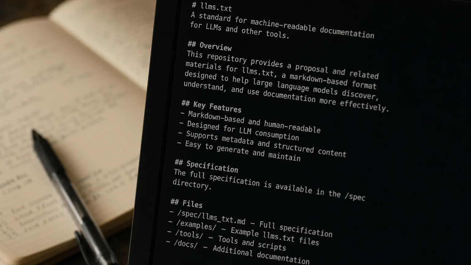 Terminal window displaying a raw llms.txt Markdown file with sparse white monospaced text on a dark screen, a notebook visible in soft focus behind it.